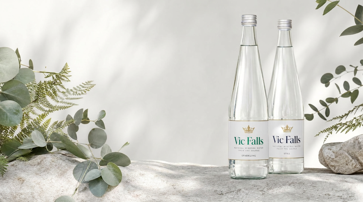 Vic Falls glass water bottles on light stone with eucalyptus and ferns